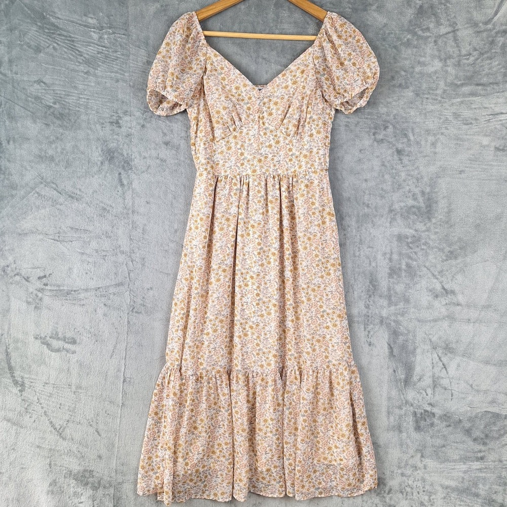 Womens Dress Small Boho Floral Milkmaid Babydoll Tiered Cottagecore Prairie Midi